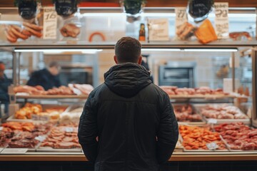 Man browsing a selection of meats at a market during the day