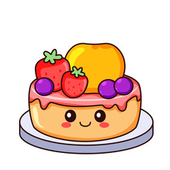 Cute Fruit Cake Cartoon Kawaii Sticker. Character Vector Illustration