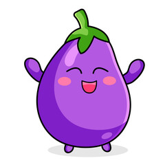 Cute Eggplant Cartoon Kawaii Sticker. Character Vector Illustration