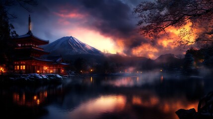 Serene Sunset at Japanese Temple by the Lake