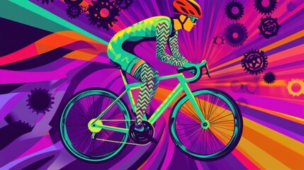 Fototapeta premium Colorful abstract illustration of cyclist in geometric gear and helmet