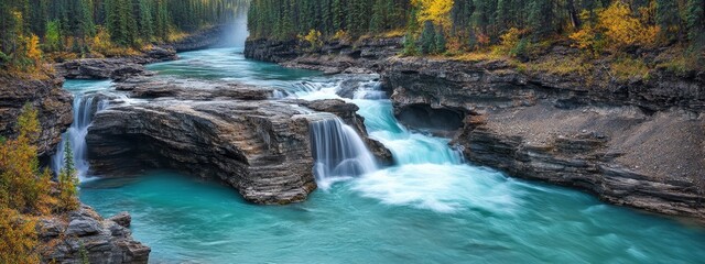 Naklejka premium A serene river flows through a rocky landscape surrounded by vibrant autumn foliage.