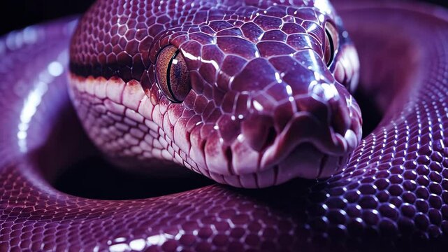 Python snake curled in a spiral, displaying intricate texture and colors under soft lighting in a natural setting
