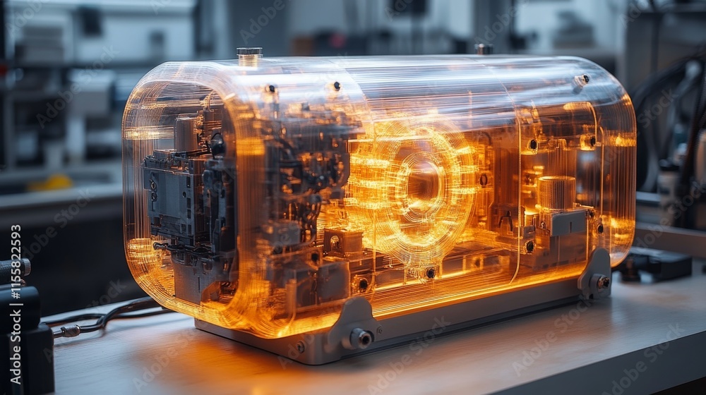 Poster a futuristic, transparent device glows with warm light, showcasing intricate internal mechanisms and