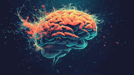 Obraz premium vibrant digital brain surrounded by chaotic energy streams, symbolizing creativity and technology