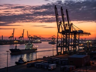 Fototapeta premium Busy Port at Sunrise with Cargo Cranes and Ships