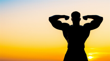 Fototapeta premium Silhouette of a muscular man flexing his biceps against a vibrant sunset, symbolizing strength, determination, and fitness inspiration.