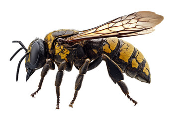 Yellow jacket wasp macro photograph showing intricate wing detail, black and yellow stripes, compound eyes, and transparent wings in hyper-realistic, sharp focus, scientific illustration style
