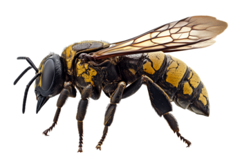 Yellow jacket wasp macro photograph showing intricate wing detail, black and yellow stripes, compound eyes, and transparent wings in hyper-realistic, sharp focus, scientific illustration style
