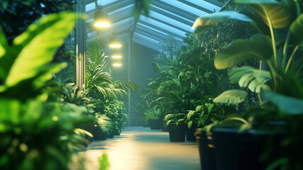 A modern greenhouse filled with rows of thriving plants under soft artificial lights.