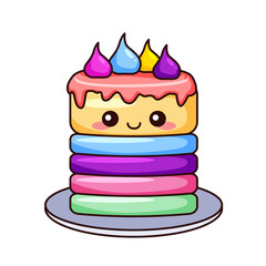 Cute Rainbow Cake Cartoon Kawaii Sticker. Character Vector Illustration