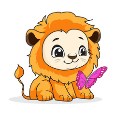 Cute Lion Cartoon Kawaii Sticker. Character Vector Illustration