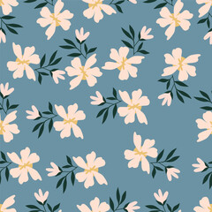 Hand drawing floral seamless pattern with cotton twigs and berries bouquets on a beige background. Winter Christmas themed background. Botanical illustration.