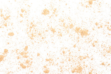 Integral spelt flour scattered, isolated on white, top view