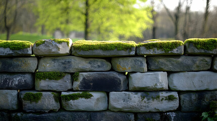 Simple stone fence with moss accents in a serene countryside setting
