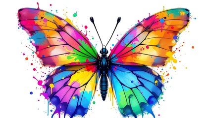 A colorful butterfly with vibrant wings made up of various paint splatters and drips , against a white background