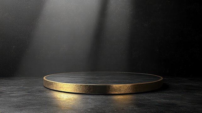Black and gold podium in a dark room with spotlight.