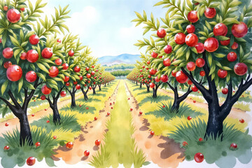 Lush pomegranate orchard, vibrant atmosphere, scattered fruit along sunny pathway, copy space