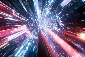 Obraz premium Colorful light streams surge forward, illustrating a sense of speed in a digital environment. Generative AI