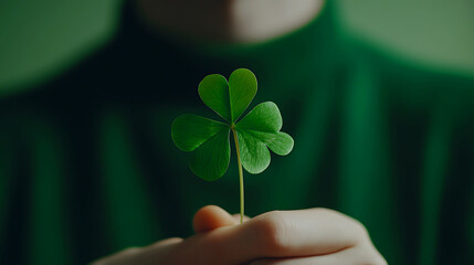 Close-up of a four-leaf clover held in a hand. A vibrant, close-up image of a four-leaf clover delicately held in a person's hand.