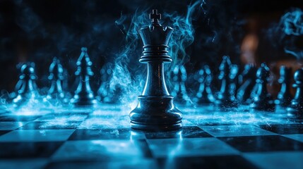 Black king chess piece on board with smoke.