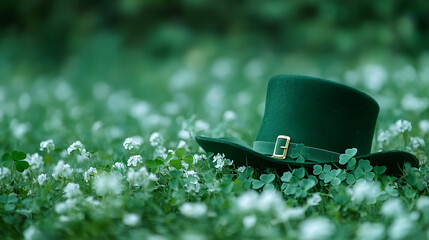 Lucky Green Leprechaun Hat Amidst Clovers, A vibrant image of a traditional green leprechaun hat resting on a field of clover.