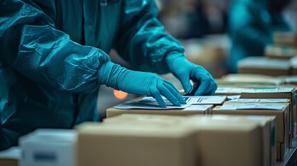 People preparing boxed items while wearing protective gloves in a distribution center