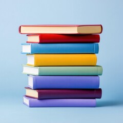 Stack of colorful hardcover books on blue background.