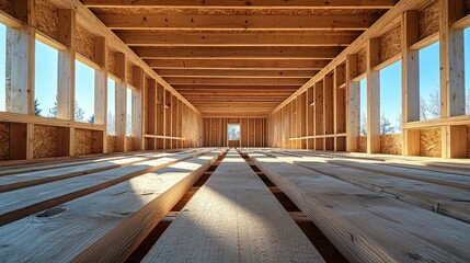 Interior view of a wooden house under construction, showing the framework, floor joists, and windows. Sunlight streams through the windows.