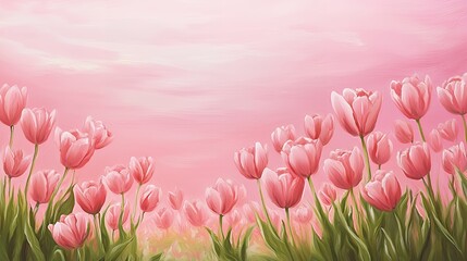 Pink Tulips Field Under a Pastel Sky: A Serene Spring Painting