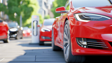 Obraz premium Close-up of a red electric car charging at a public charging station in a sunny urban street, highlighting sustainable transportation and modern design.