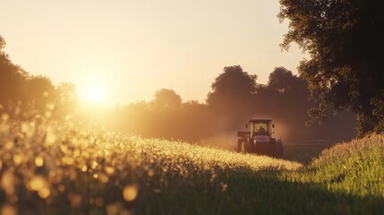 Fototapeta premium Tranquil Farm Scene with Warm Light and Machinery