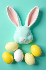 Fototapeta premium Easter holiday. Easter bunny, pink and yellow eggs on isolated pastel pink background with copy space