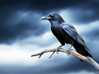 Obraz premium Majestic black raven perched against a dramatic cloudy sky, symbolizing mystery and intelligence. Perfect for nature, storytelling, or gothic-inspired themes.