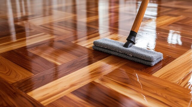 A person cleans a polished wooden floor using a mop, showcasing the shine and detail of the parquet pattern.
