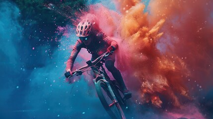 Naklejka premium Mountain biker explodes in vibrant color powder cloud, dynamic action shot.