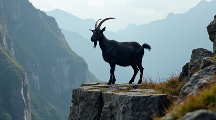 Fototapeta premium Confident Black Goat on Rocky Ledge