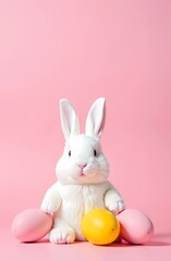 Easter holiday. Easter bunny, pink and yellow eggs on isolated pastel pink background with copy space