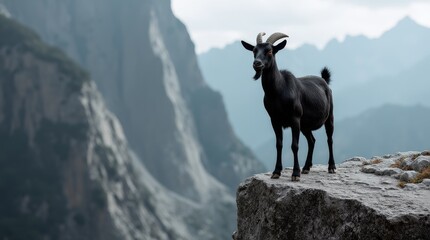 Naklejka premium Confident Black Goat on Rocky Ledge