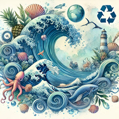 Watercolor Ocean and Waves concept as A watercolor seamless background with ocean waves and aquatic life promoting ocean conservation and zero waste. in  Photo Stock  Concept 