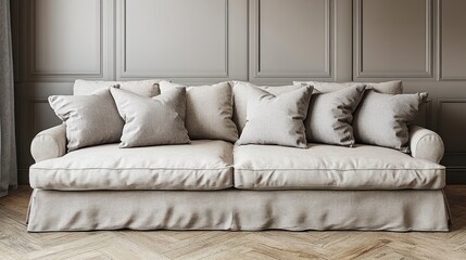 Light beige sofa with throw pillows in a classic room.