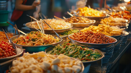 Obraz premium Street food from around the world displayed on a vibrant table, each dish brimming with flavor.