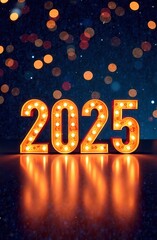 Happy New Year 2025 background, illustration for holiday design with lights and fireworks	