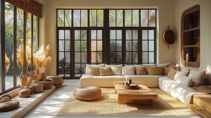 Light-filled, modern, minimalist living room with large windows, beige sofa, wooden furniture, and natural elements.