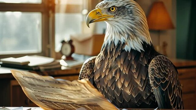 Eagle reading newspaper in cozy study setting during morning light