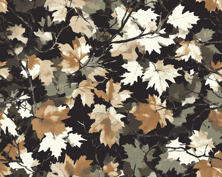 Realistic camouflage seamless pattern using forest leaves and barks. Hunting camo for cloth, weapons or vehicles.