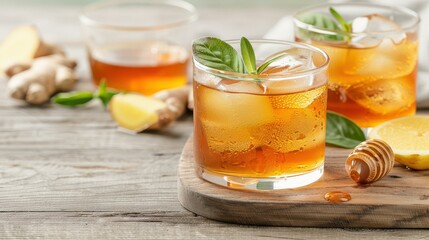 Ginger tea with fresh ginger slices and honey drizzle in a Rustic wood with a honey dipper, copy space
