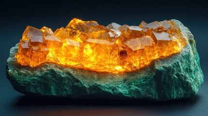 Luminous amber crystals embedded in teal matrix.