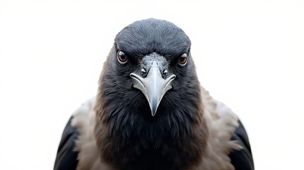 Fototapeta premium Detailed Close-up Portrait of a Crow on White Background