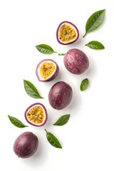 a plain white background featuring several fresh passion fruits appearing to float in mid-air